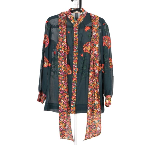 VTG Sheer Tunic Blouse 6 Floral Embroidered 70s Sash Tie Fairy Whimsy Lagenlook - Picture 3 of 10